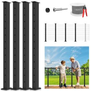 12-16FT Black Modular Cable Railing Post Kits 42 Inch 4 Level Post Kit, Cable Railing System for Deck Including 4 Railing Posts, 197FT Sufficient Length Cable, 24 Swage Terminal (No Handrail)