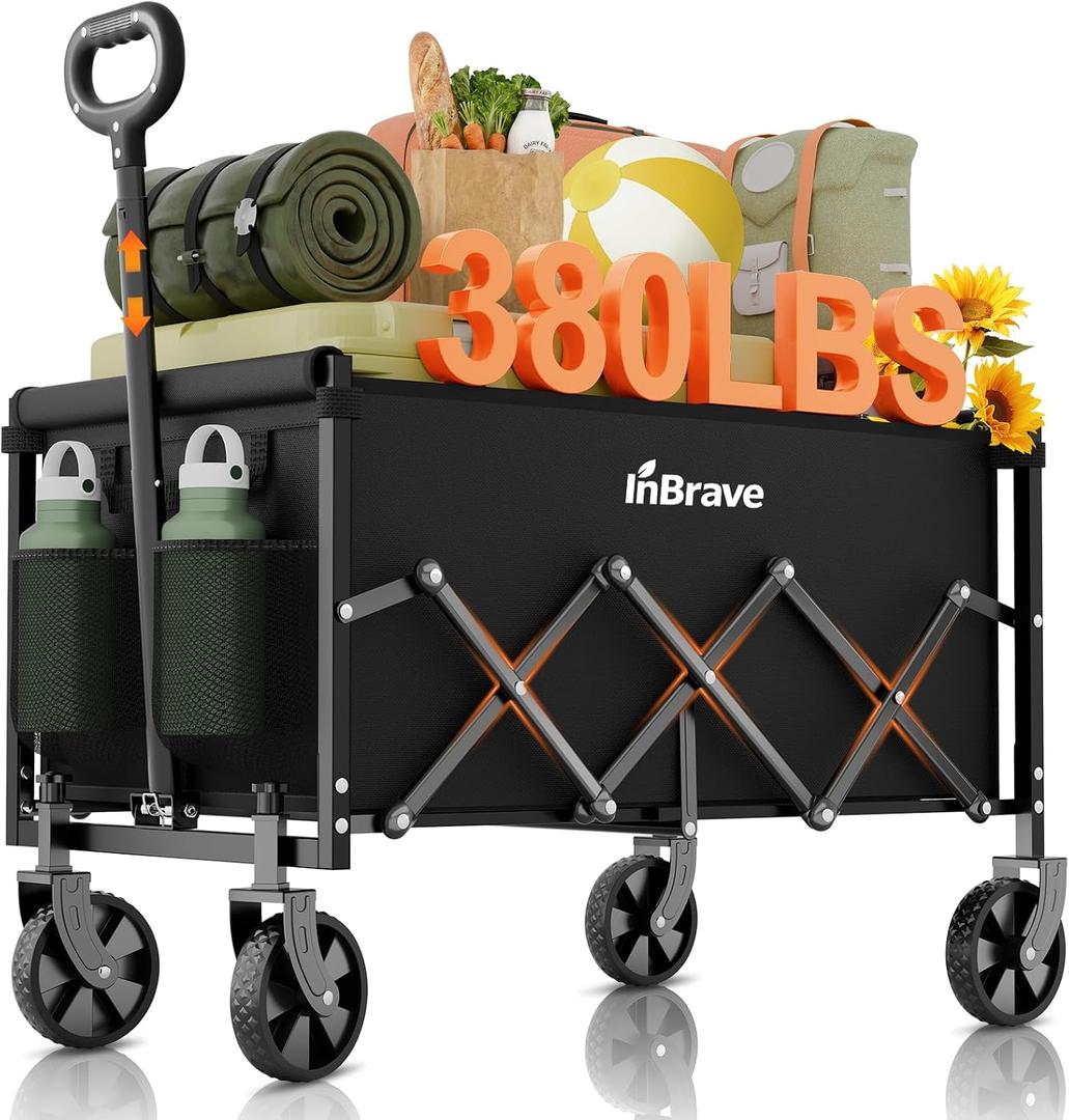 Collapsible Wagon Cart Foldable Beach Wagon with All-Terrain Wheels - 380 LBS Heavy Duty Grocery Cart for Shopping, Beach, Camping, Sports, Garden (Black)