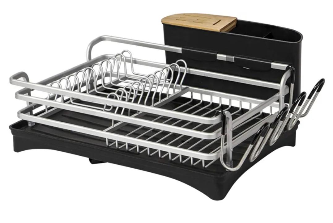 BRIAN & DANY Aluminum Dish Drying Rack, Dish Racks for Kitchen Counter, Dish Drainer with Removable Cutlery Holder & Cup Holder, Unique 360° Swivel Spout Drainboard, 16.5" L x 11.8" W, Silver
