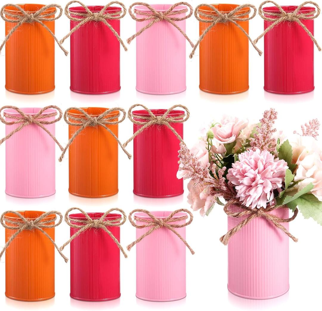 Domensi 4.33 Inch Petite Farmhouse Vase Decor Vintage Flower Vase with Twine Bow Rustic Galvanized Metal Buckets for Artificial Flowers for Table Centerpiece Weddings(Orange, Fuchsia, Pink,12 Pcs)