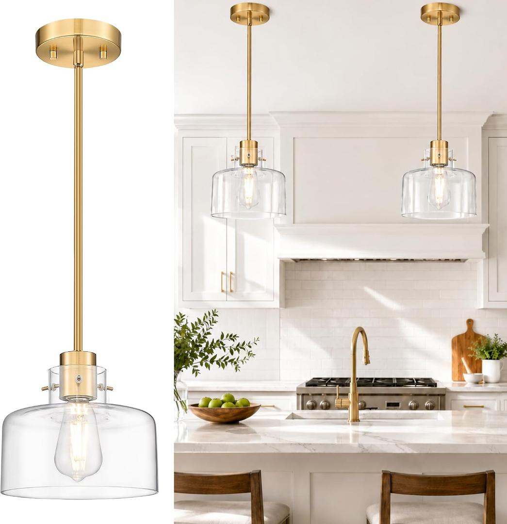 8" Brushed Gold Pendant Lights Kitchen Island, Clear Glass Shade