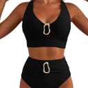 Herseas Women's High Waisted Bikini Sets Crisscross Back Swimsuit V Neck Metal Ring 2026 Summer Bathing Suit Beachwear (Black, L)