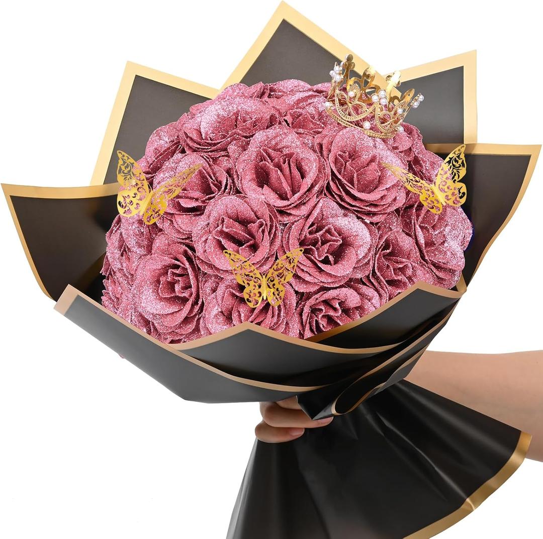 Waipfaru Glitter Roses Bouquet, DIY Fake Flowers Bouquet, Everlasting Shiny Rose Gold Artificial Flower for Valentines, Anniversary, Engagement, Wedding, 24 Pcs