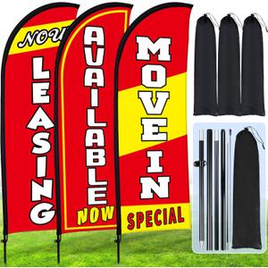Buryeah Red 3 Set Feather Flag Kit Now Leasing Move in Special Flag with Pole Ground Stake and Bag Leasing Sign for Advertising Renting Welcome Banner for Outside Ground (7 ft)