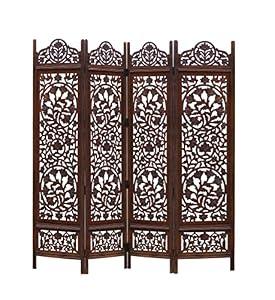 Room Divider Wood Floor Screen - Kamal Antique Brown - 4 Folding Panel 72 x 80 - Hand Carved Portable Reversible Functional Freestanding Boho Small Spaces Decorative Privacy Partition - COTTON CRAFT