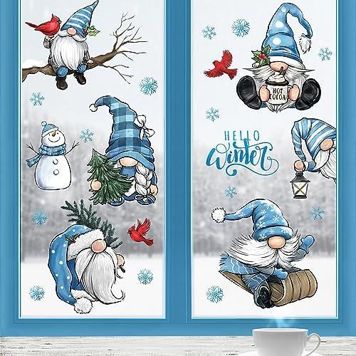 Yovkky Hello Winter Gnome Window Clings 9 Sheets, Snowman Cardinal Red Birds Christmas Tree Stickers Decals Decor, Pine Branch Snowflakes Holiday Home Kitchen Decorations, 2 Pack