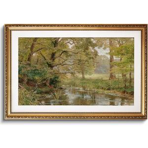 VIYYIEA Large Gold Framed Forest River Wall Art for Living Room, 24x36 Inch | Glass-Framed Impressionist Woodland Canvas for Office, Serene Stream Landscape, Rustic Aesthetic Decor for Nature Lovers
