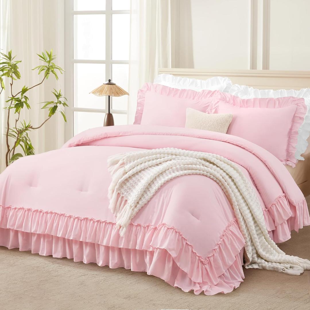 Andency Pink Ruffle Comforter Full Set, 3pcs Vintage Farmhouse Shabby Chic Bedding Comforter Set, Soft Lightweight Fluffy Bed Comforter Sets All Season Bedding Set (Full(79"x90"))