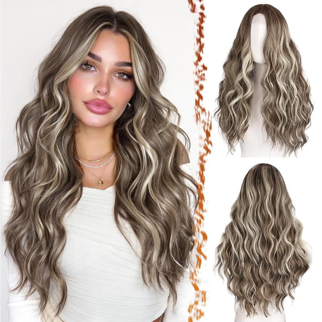 BARSDAR Ash Brown Long Wavy Wig - Middle Part Long Wavy Ash Brown Blonde Wig with Bangs for Women - 26 Inch Thick Soft Synthetic Natural Looking Daily Party Halloween Cosplay Highlight Wigs