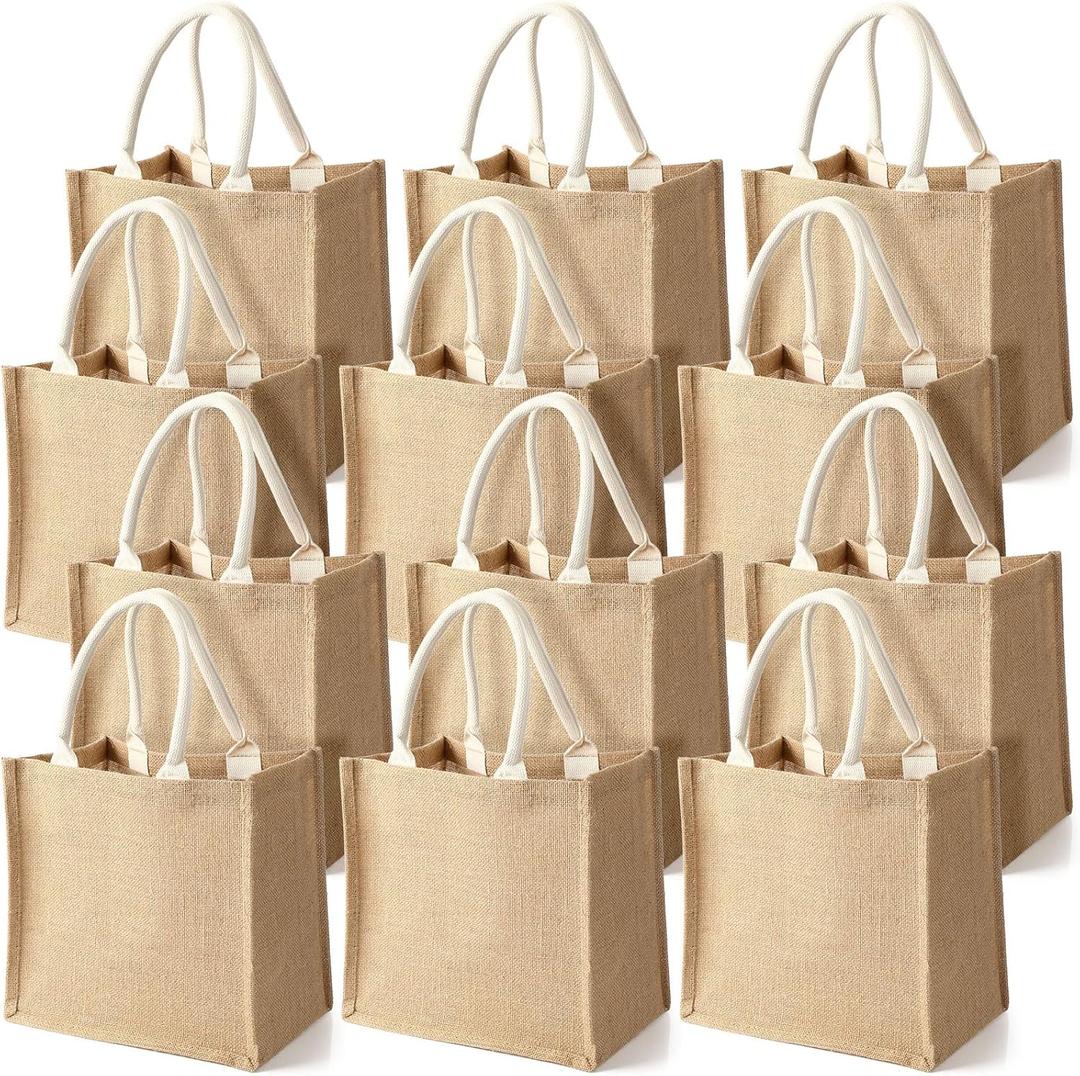 Saintrygo 12 Pcs Burlap Jute Tote Bags with Handle Reusable Blank Bridesmaid Gift Bags for Shopping Wedding DIY, 12x12x7.7In (Jute and White)