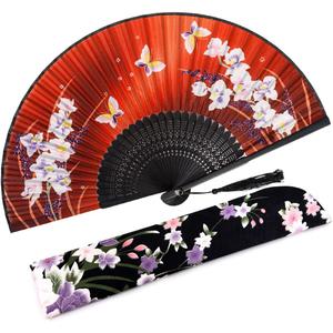 8.27"(21cm) Hand Held Bamboo Silk Folding Fan, Chinese/Japanese Charming Elegant Vintage Retro Style, Women Ladies Girls for Birthday, Wedding, Party, Red Orchid