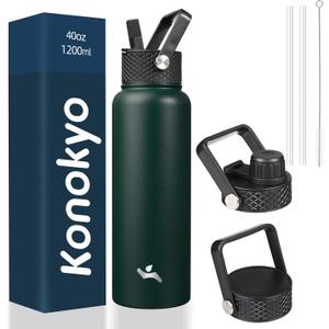 Konokyo 40oz Insulated Water Bottle Stainless Steel Sport Bottles with 3 Lids,Army Green