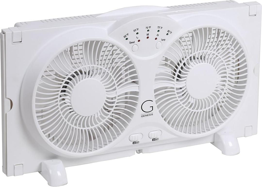 Genesis Twin Fan High Velocity Reversible AirFlow Fan, LED Indicator Lights Adjustable Thermostat & Max Cool Technology, ETL Certified, White (A1WINDOWFAN)
