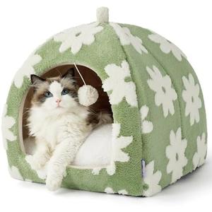Lesure Cute Cat Beds for Indoor Cats - 2 in 1 Large Cat Cave Bed with Removable Washable Cushioned Pillow, Cozy Kitten Tent with Non-Slip Bottom, Green, 17.3 inches