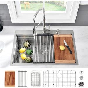 32 Inch Kitchen Sink Drop In Workstation-VASOYO 32x22 Stainless Steel Drop In Kitchen Sink Workstation 16 Gauge Single Bowl Deep Top Mount Sinks Stainless Sinks with Cutting Board