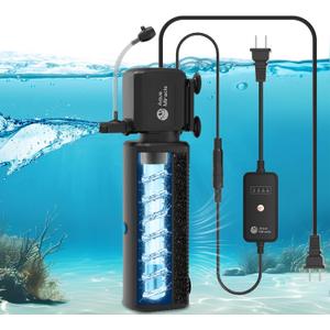 AquaMiracle Aquarium Filter with U - V Light & Filter Sponge, Fish Tank Filter with Timer for Green Water, Turtle Filter with Aeration & Rainfall Mode for Aquarium 20-70 Gallon