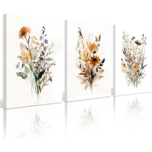 Botanical Wall Art Set of 3 Floral Wall Decor Prints Vintage Canvas Wall Art Wildflower Watercolor Pictures Farmhouse Artwork Floral Modern Painting for Bathroom Bedroom 16x24 Inch Framed (16x24 Inch Wrapped Canvas, Colorful Flower Prints)