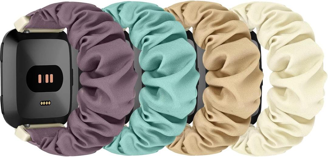 Scrunchie Watch Bands for Fitbit Versa/Versa 2 / Versa Lite/Versa SE Women Men, Replacement Soft Nylon Stretchy Wristband For Fitbit Versa Smart Watch (Milk tea+Green+Starlight+Smoky Purple) Medium