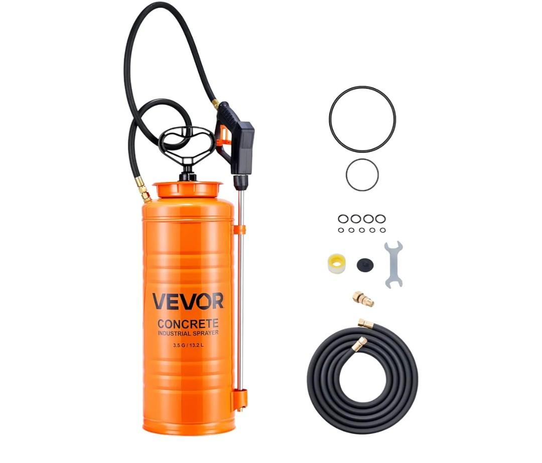 VEVOR Industrial Concrete Sprayer, 3.5 Gallon Stainless Steel Sprayer, Heavy Duty Tri-Poxy Pump Sprayers, 20.5"Wand with Ergonomic Gun Handle, 48"& 120"Hose, 2 Brass Nozzles for Construction, Garden