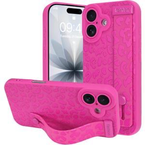 OOK Compatible with iPhone 17 Leopard Case with Wrist Strap, Hot Pink Leopard TPU Shockproof Protection Slim Cover with Camera Protection for Women Girls, for 6.3inch