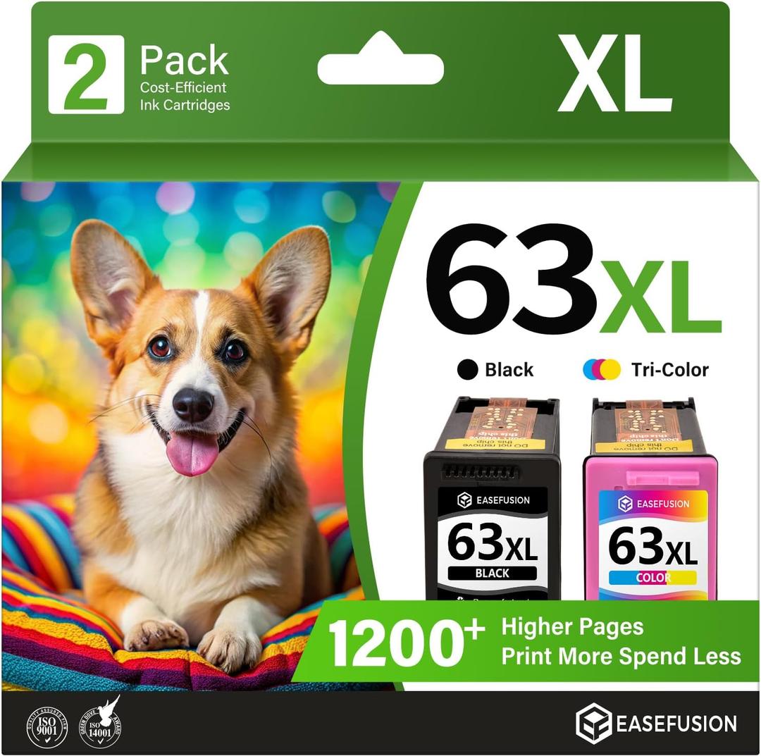 EaseFusion 63XL Ink Cartridges Black and Color Combo Pack Replacement for HP Ink 63 HP63 HP63XL Compatible with HP OfficeJet 3830 4650 5255 5258 4655 5200 Envy 4520 4512 DeskJet 3637 3630 1112 Printer