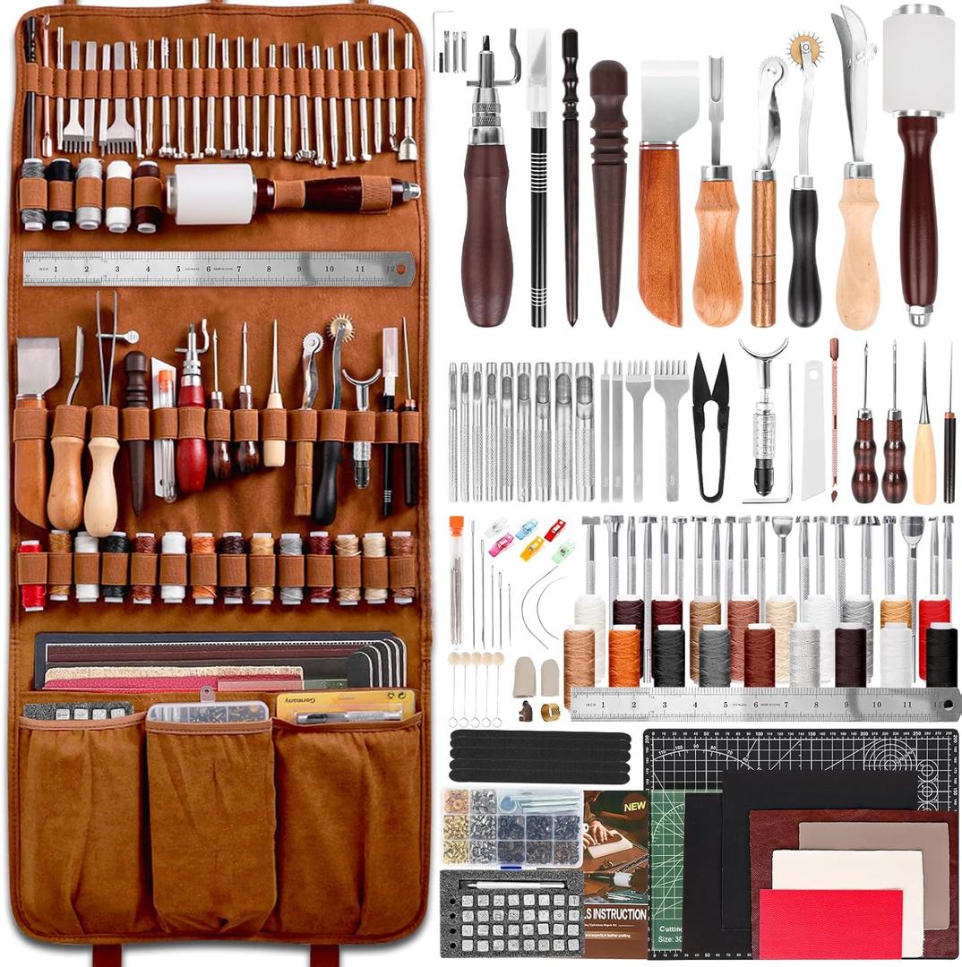 ZAMQIU Leather Working Kit, 155-Piece Leather Tooling Kit with Carving Stamping Sewing Punching Cutting, Leatherworking Tool Set for Beginners, DIY Craft Starter Set for Wallet, Belt, Bag Making