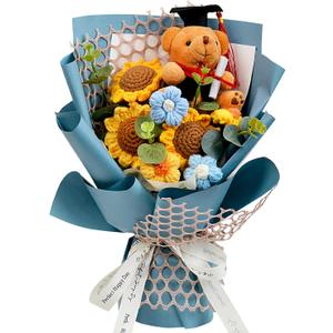 Graduation Gifts Crochet Flowers Bouquet, Handmade Sunflower Rose Bear Graduations Flower Bouquet for Birthday, Teacher Appreciation Gifts, Christmas, Home Dcor (Include Card) Blue