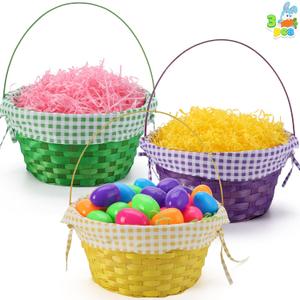 JOYIN 3PCS Easter Bamboo Baskets with Plaid Lining and Handle for Easter Egg Hunt, Kids Party Supplies, Filling with Candy Party Favors (Purple, Yellow, Green)