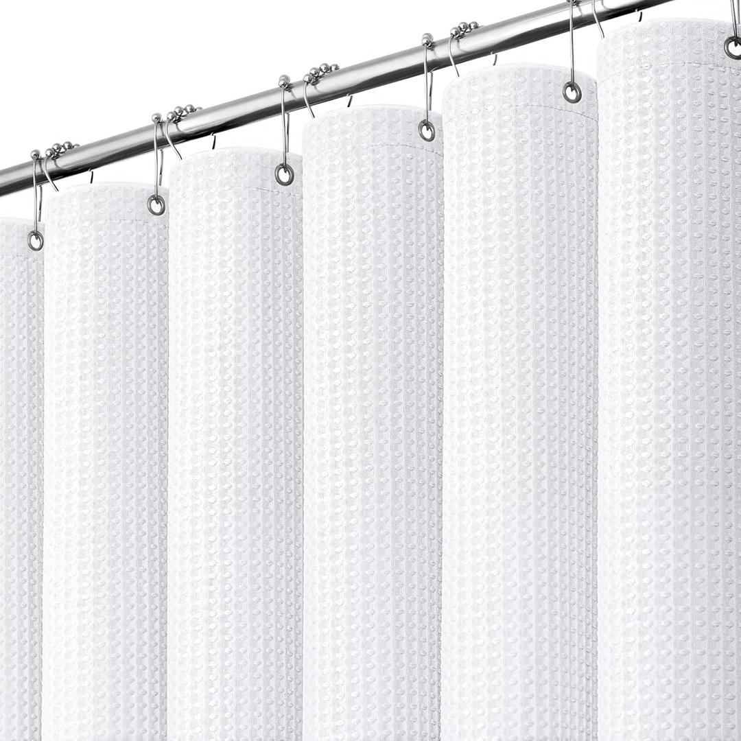 Waffle Shower Curtain 256 GSM Heavy Duty Fabric 72"x72" White | Thick Textured Cloth, Weighted Hem, Water Repellent Washable, Hotel Luxury Polyester Shower Curtain Set for Bathroom 12 Hooks