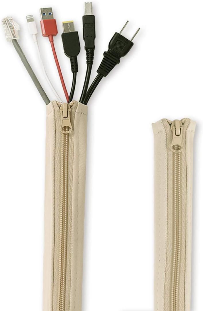 Flexible Cable Management Sleeve with Zipper - Extendable Cord Organizer System Wrap Wire Cable Cover Sleeve Holder, Keep Home & Office Clean Safe Protector for TV/Media, Beige, 39 Inches, 2 Pcs