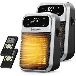 Brightown 2Pack Outlet Space Heater - 800W Plug in Heater with Remote and Touch LED Display, Small Electric Wall Heaters for Indoor Use with Adjustable Thermostat, 12H Timer for Home Office (Silver)