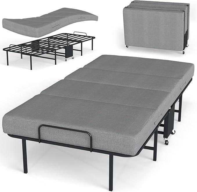 Folding Bed with Mattress for Adults, Twin Size, Portable Foldable Roll Away Bed on Wheels, Memory Foam Mattress and Super Strong Frame, Space Saving Fold Up for Easy Storage, 75" x 38"
