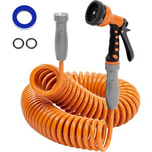 3/8 Lightweight Coil Garden Hose 75 FT, EVA Retractable Curly Water Pipe with 6-Pattern Spray Nozzle for Boat, Greenhouse, Yard, Patio (Orange)