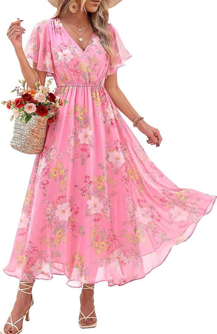 Bebonnie Formal Dresses for Women Wedding Guest: Womens Summer Wrap Neck Floral Beach Vacation Tropical Cruise Travel Hawaiian Vegas Outfits Cocktail Evening Dinner Tea Party Long Dress Multi Pink L