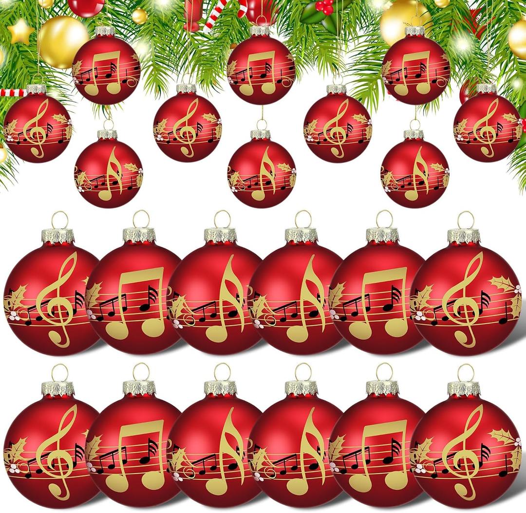 12 Pcs Red Musical Christmas Ornament for Tree 2.4'' Music Notes Balls Music Themed Hanging Ornaments Musical Notes Christmas Ornament Gift Xmas Tree Decorations