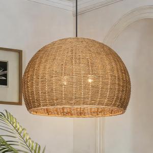 Arturesthome 2-Light Rustic Farmhouse Rattan Pendant Light,19.68in Large Dome Hand Woven Ceiling Mounted Rattan Chandelier,Coastal Beach Ceiling Hanging Light for Kitchen,Dining Room