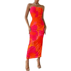 PRETTYGARDEN Women's Summer Wedding Guest Dress Strapless Tube Top Maxi Bodycon Long Floral Mesh Beach Vacation Party Dresses, Small