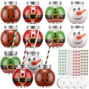 Baderke 12 Pcs 10oz Christmas Ornament Cups with Lid and Straw Holiday Ball Plastic Bulb Cups Xmas Designs Reusable Plastic Fish Bowls for Drinks Christmas Party Supplies(Simple Color,Classic)