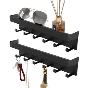 2 Pieces Key Holder for Wall Rustic Key and Mail Organizer 6 Key Hooks with Shelf Small Key Rack with Tray Adhesive Key Hanger Wall Mount for Entryway Hallway, Metal, Matte Black