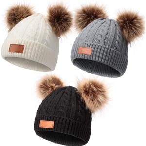 Geyoga Kids Toddler Winter Pompom Hat Baby Knitted Beanie Hat Faux Fur Pom Beanie Cap for Girls Boys 1-3 Years Old (Gray, White, Black)