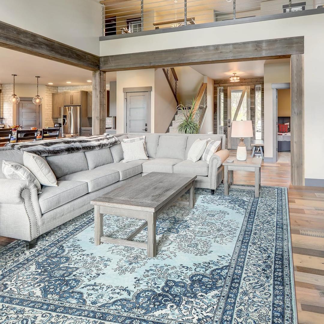 Area Rug for Living Room, 6x9Ft Non-Slip Vintage Area Rug, Machine Washable Boho Rugs for Bedroom Office Dining Room Farmhouse, Blue