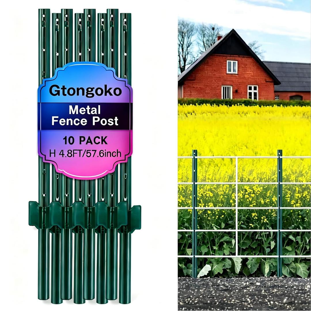 Gtongoko 4.8 Feet Heavy Duty Metal Fence Posts, 10 Pack U Channel Fence Post with Anchor Plate, Green Steel T Post for Garden, Yard, Farm, Wire Fencing
