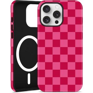 Jusy Compatible with MagSafe Checkerboard Phone Case for iPhone 13 Pro, Cute Aesthetic Checkered Magnetic Soft TPU & Hard PC Protective Phone Cover for Women GirlsMatte - Hot Pink