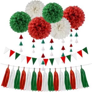 Red White Green Christmas Decorations - 23pcs Tissue Paper Flowers Pom Poms Tassel Garland Banner 3D Christmas Tree Paper Streamers Birthday Party Decorations For Home Indoor Outdoor Hanging Decor