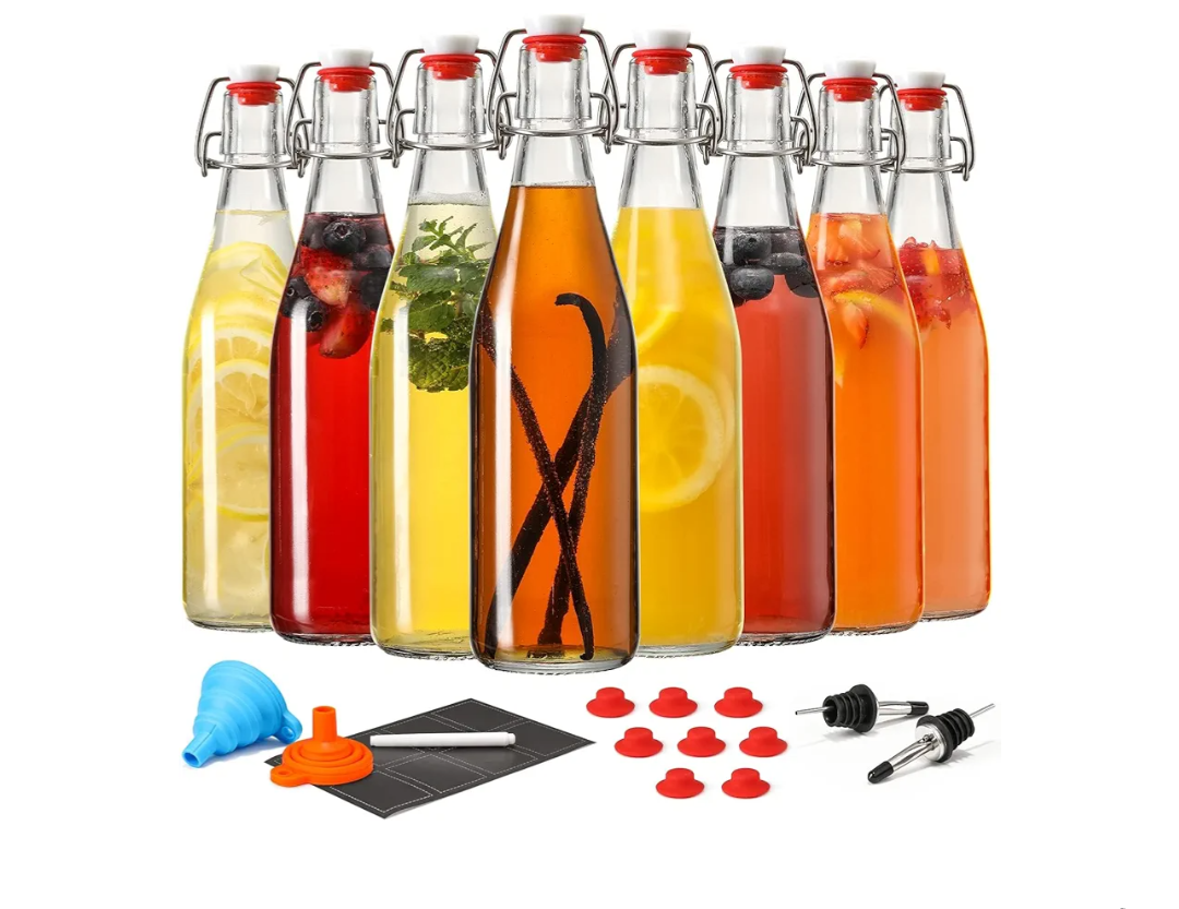 8 Set 16 OZ Swing Top Glass Bottles - Flip Top Beer Brewing Bottles with Stopper for Fermentation, Kombucha, Mead Kefir, Vanilla Extract, Juice, Tea, Soda - Airtight Cap Lids, Bonus 2 Pourers