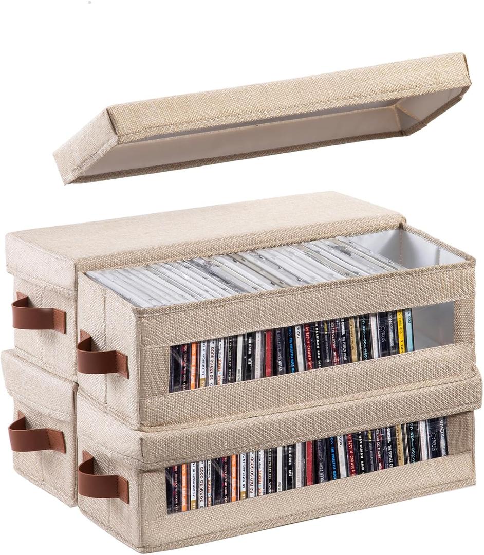 4 Packs CD Storage Box with Visible Window, Stackable CD Case Holder with Dustproof Lid and Handles, Holds Up to 148 CDs in Full Jewel Cases-15.75 x 6.10 x 5.31 Inches-Beige
