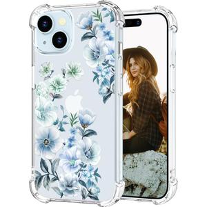 Hungo Compatible for iPhone 15 Plus Case Floral Flower Cute Clear Design, Girly for Women Girls Floral Transparent Blue Anemones