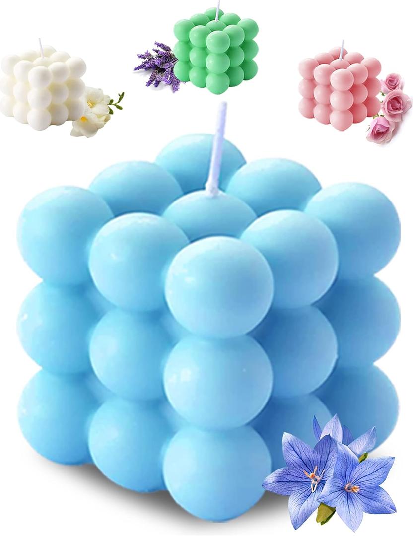 Bubble Cube Candles, 5.4 oz Soy Wax Aromatherapy Candle, Bluebell (Blue), Set of 3