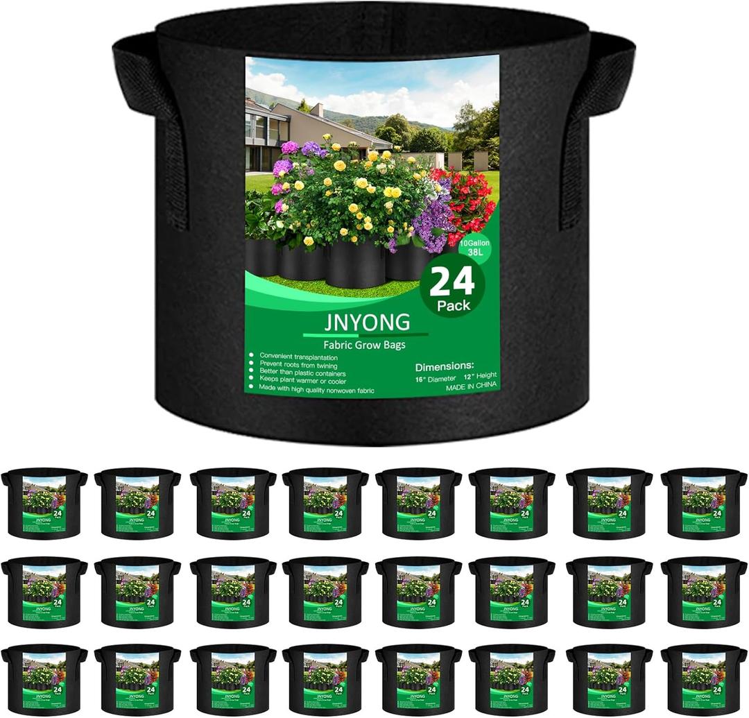 JNYONG 24-Pack 10 Gallon Thickened Non-Woven Grow Bags, Aeration Fabric Pots with Handles