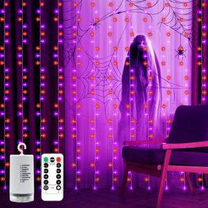 echosari Halloween Curtain Lights Battery Operated, 300 LED Purple Orange Fairy Curtain Lights 9.8Ft x 9.8Ft Hanging Lights with Remote Timer for Party Garden Yard Decor